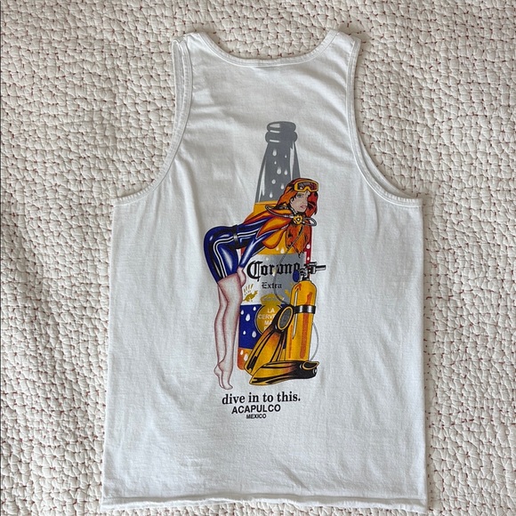90s Vintage Corona Extra Acapulco Mexico Graphic Tank Top white double sided - Picture 1 of 5
